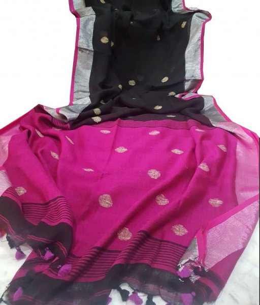 Black &amp; Pink Buti Ball Linen Saree